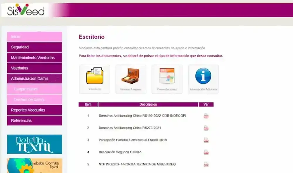 Pantalla de inicio de SISVEED con navegación de veedurías y documentos de referencia; no muestra registros de declaraciones aduaneras.